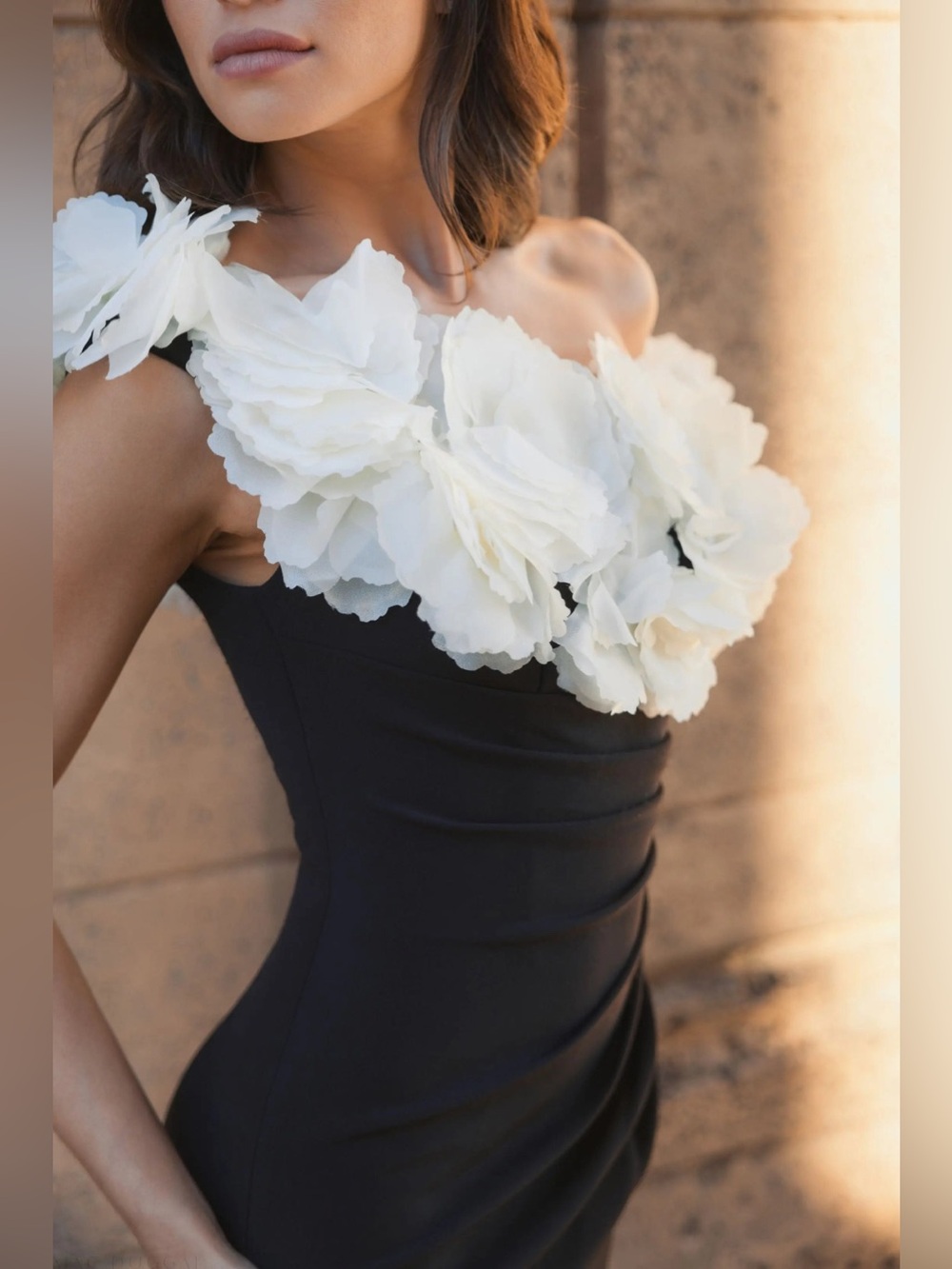 MAC DUGGAL Black and White Jersey Gown With 3D Flower Off The Shoulder Detail